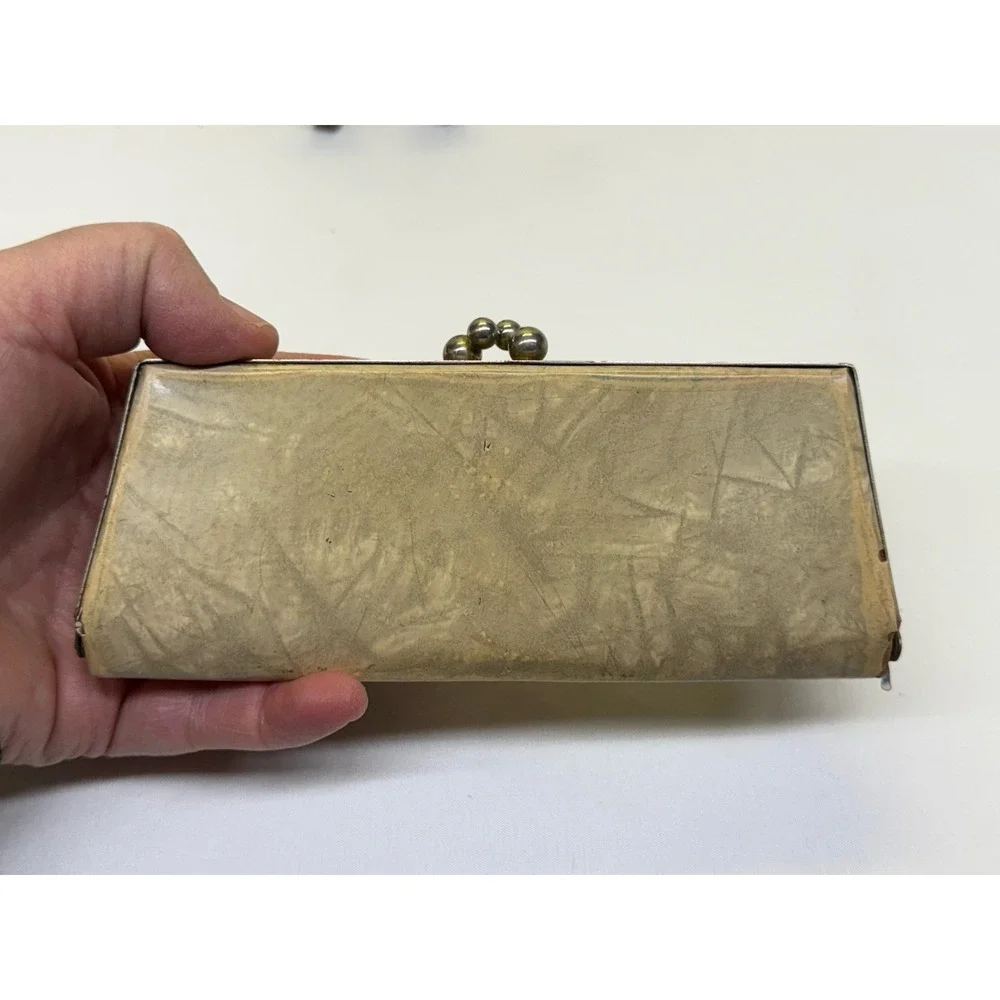 Vintage Cream Marbled Eyeglass Case With Crushed Red Velvet Liner 6 1/4